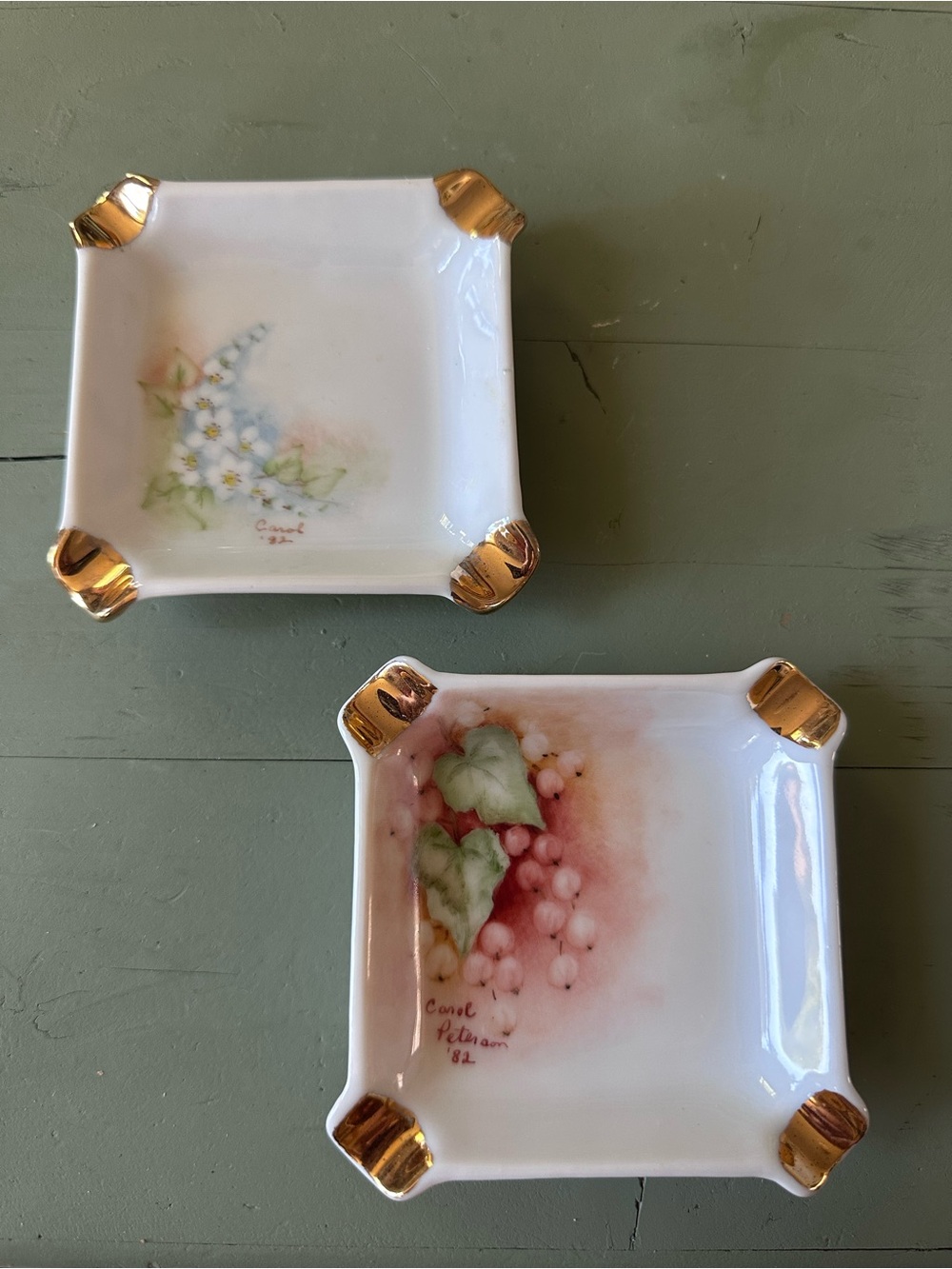 Vintage Floral Ashtrays Hand-Painted with Gold Accents 1980s